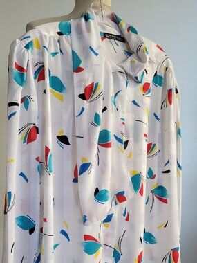 Vintage Abstract Print Tie Neck Blouse XL White Multicolor Polyester